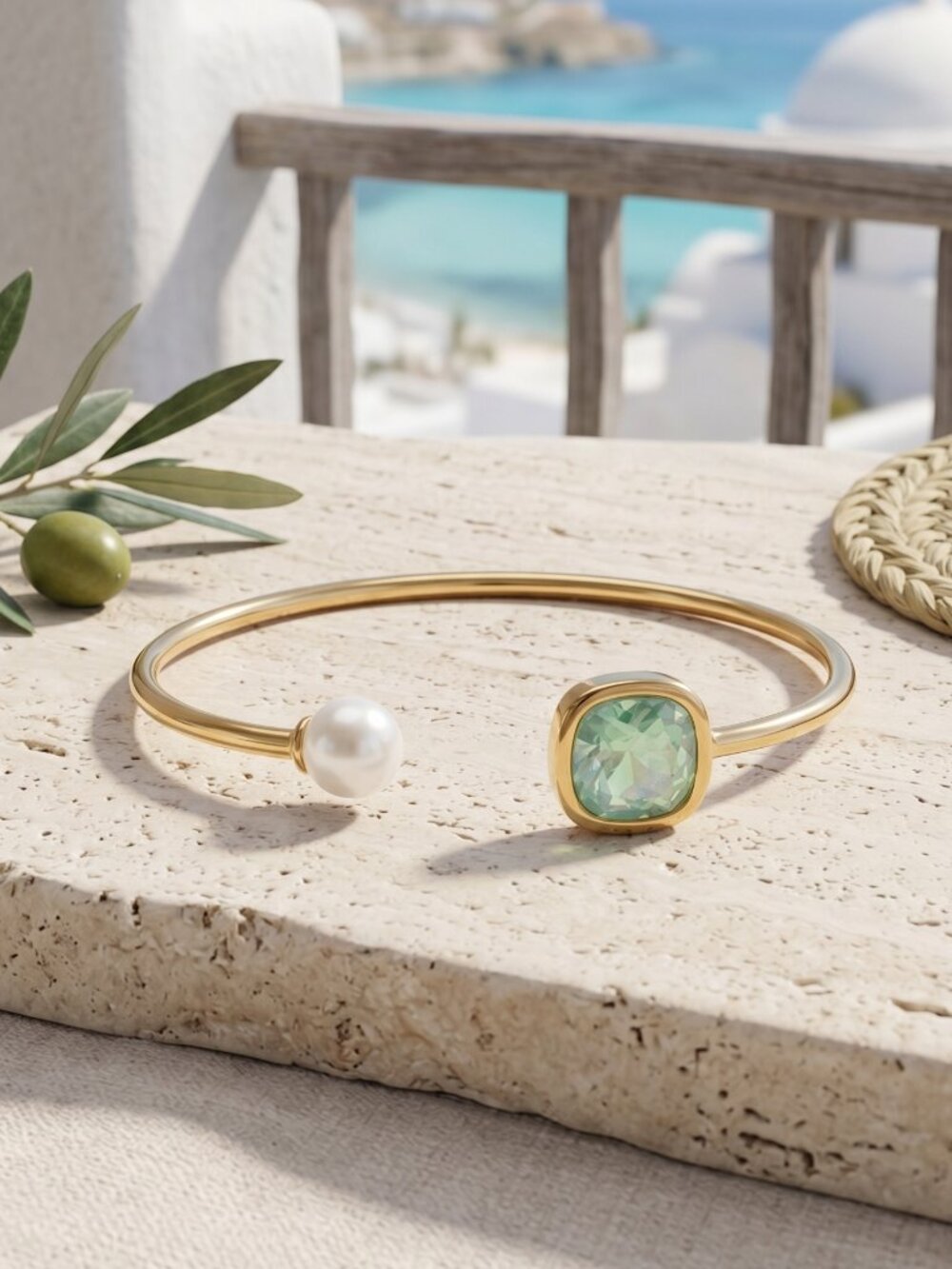 18K Gold Plated SS Pearl Green Crystal Open Cuff Bracelet Set Adj Mediterranean